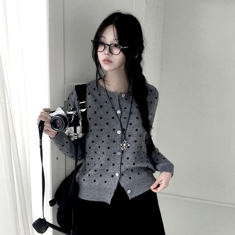 빈티지 도트 라운드넥 스탠다드핏 니트 가디건 그레이