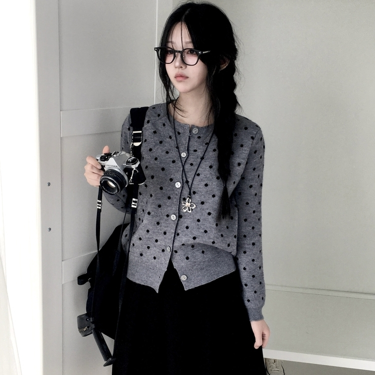 빈티지 도트 라운드넥 스탠다드핏 니트 가디건 그레이