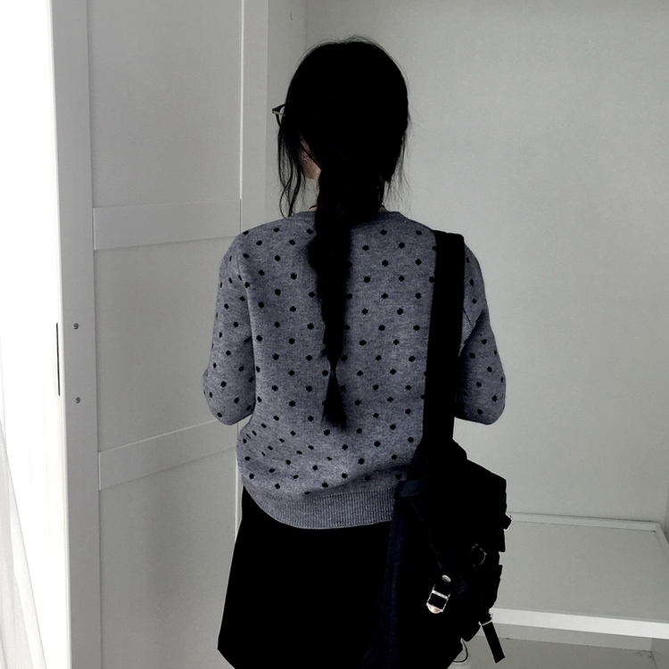 빈티지 도트 라운드넥 스탠다드핏 니트 가디건 그레이