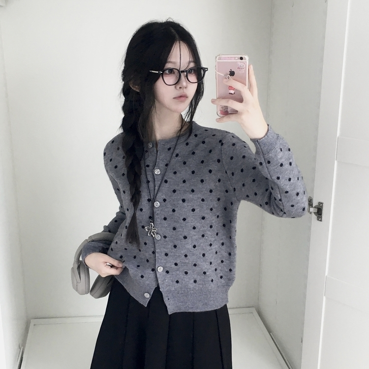 빈티지 도트 라운드넥 스탠다드핏 니트 가디건 그레이