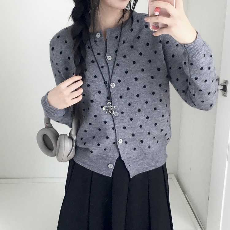 빈티지 도트 라운드넥 스탠다드핏 니트 가디건 그레이