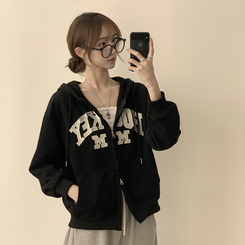 刺繍フードルーズジップアップ(6color) BLACK