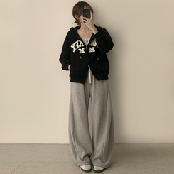 刺繍フードルーズジップアップ(6color) BLACK