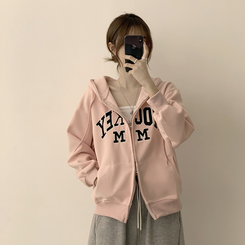 刺繍フードルーズジップアップ(6color) PINK