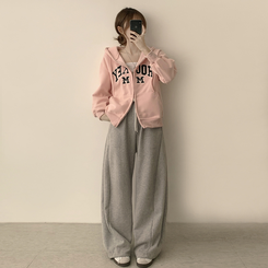 刺繍フードルーズジップアップ(6color) PINK