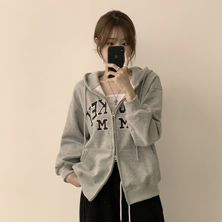 미키 어텀 오버핏 가을 긴팔 쭈리 자수 후드 집업 루즈핏 아우터 아방핏 후드티 후리스 자켓 6color 그레이