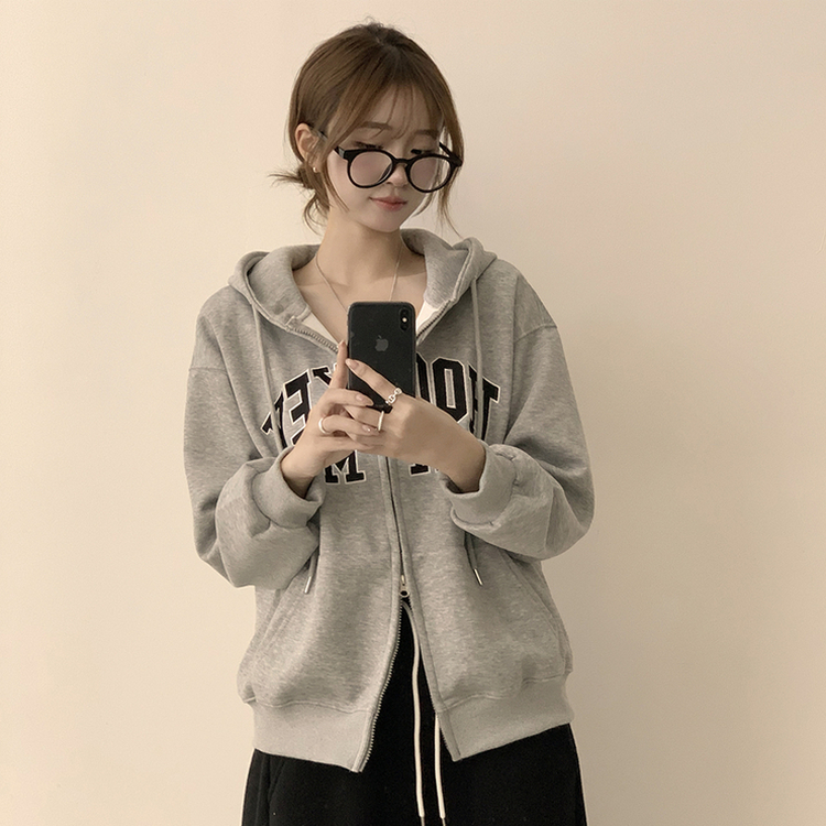 미키 어텀 오버핏 가을 긴팔 쭈리 자수 후드 집업 루즈핏 아우터 아방핏 후드티 후리스 자켓 6color 그레이