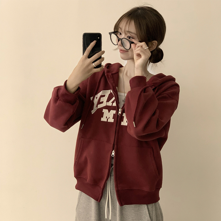 미키 어텀 오버핏 가을 긴팔 쭈리 자수 후드 집업 루즈핏 아우터 아방핏 후드티 후리스 자켓 6color 와인