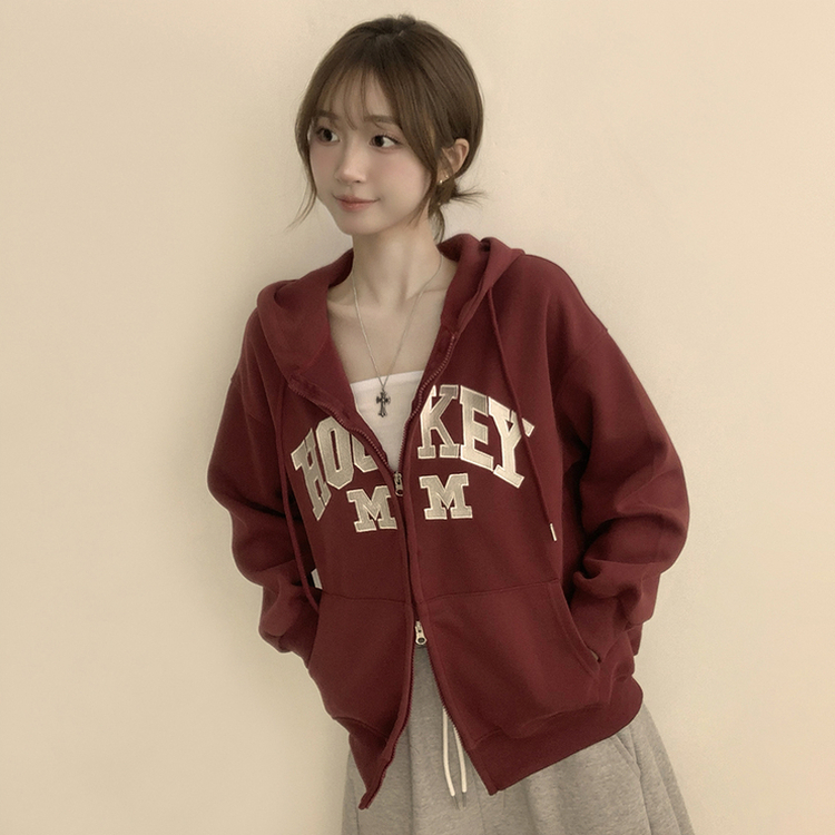 미키 어텀 오버핏 가을 긴팔 쭈리 자수 후드 집업 루즈핏 아우터 아방핏 후드티 후리스 자켓 6color 와인