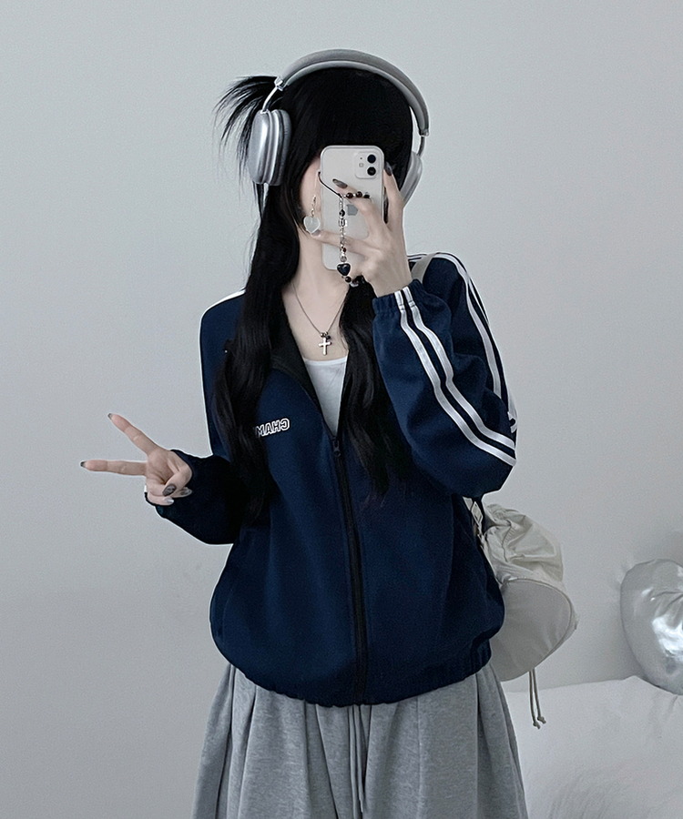 챔프레터링라인트랙밴딩져지집업자켓 네이비