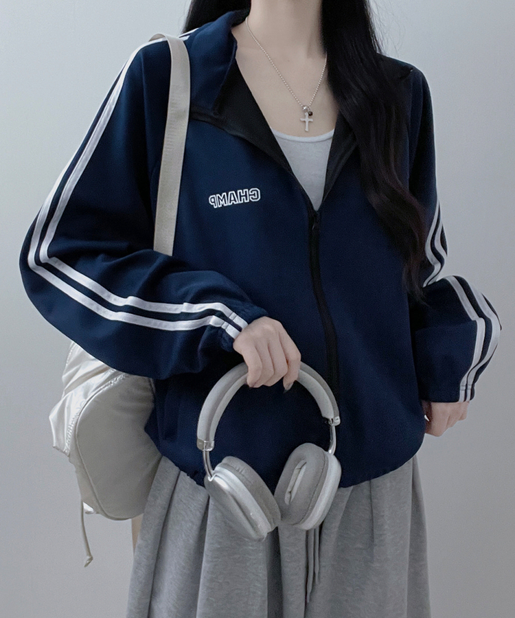 챔프레터링라인트랙밴딩져지집업자켓 네이비