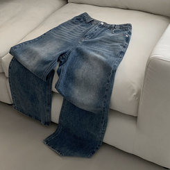 진정성 있는 데님캣워싱 중청 하이웨이스트 롱 와이드 데님팬츠