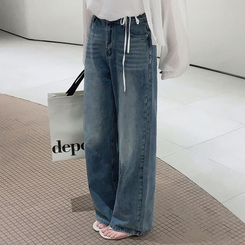 진정성 있는 데님캣워싱 중청 하이웨이스트 롱 와이드 데님팬츠 중청