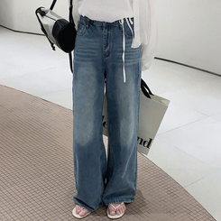 진정성 있는 데님캣워싱 중청 하이웨이스트 롱 와이드 데님팬츠 중청