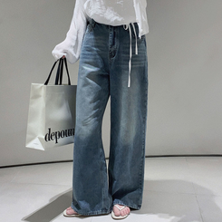 진정성 있는 데님캣워싱 중청 하이웨이스트 롱 와이드 데님팬츠 중청