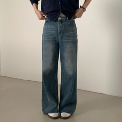 진정성 있는 데님캣워싱 중청 하이웨이스트 롱 와이드 데님팬츠 중청