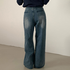 진정성 있는 데님캣워싱 중청 하이웨이스트 롱 와이드 데님팬츠 중청