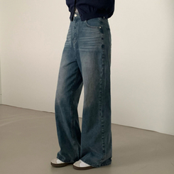 진정성 있는 데님캣워싱 중청 하이웨이스트 롱 와이드 데님팬츠 중청