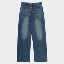 진정성 있는 데님캣워싱 중청 하이웨이스트 롱 와이드 데님팬츠