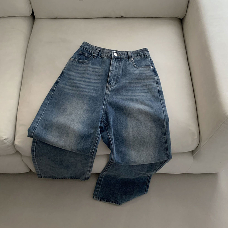 진정성 있는 데님캣워싱 중청 하이웨이스트 롱 와이드 데님팬츠