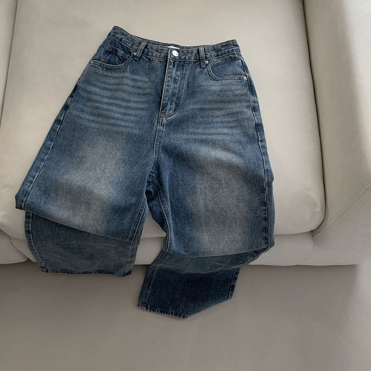 진정성 있는 데님캣워싱 중청 하이웨이스트 롱 와이드 데님팬츠