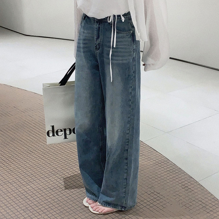 진정성 있는 데님캣워싱 중청 하이웨이스트 롱 와이드 데님팬츠 중청