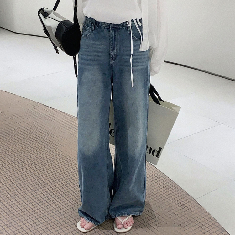 진정성 있는 데님캣워싱 중청 하이웨이스트 롱 와이드 데님팬츠 중청