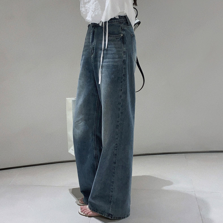진정성 있는 데님캣워싱 중청 하이웨이스트 롱 와이드 데님팬츠 중청