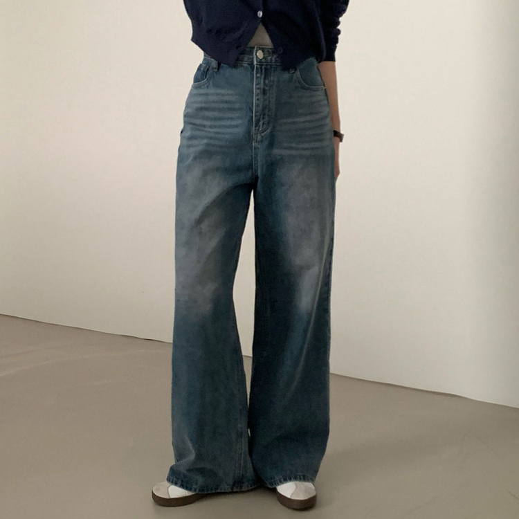 진정성 있는 데님캣워싱 중청 하이웨이스트 롱 와이드 데님팬츠 중청