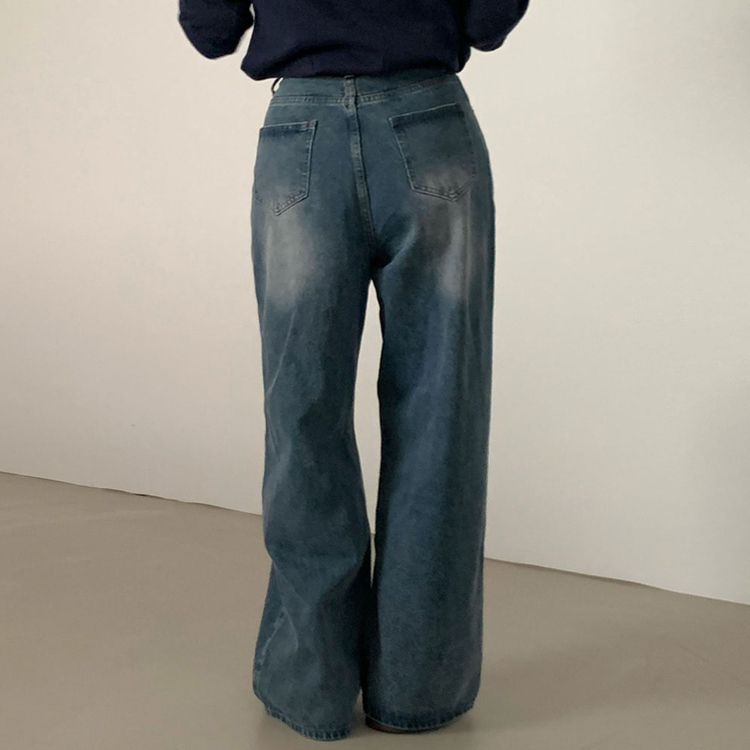 진정성 있는 데님캣워싱 중청 하이웨이스트 롱 와이드 데님팬츠 중청