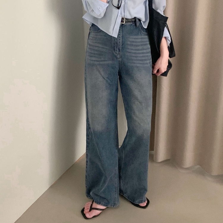 진정성 있는 데님캣워싱 중청 하이웨이스트 롱 와이드 데님팬츠 중청