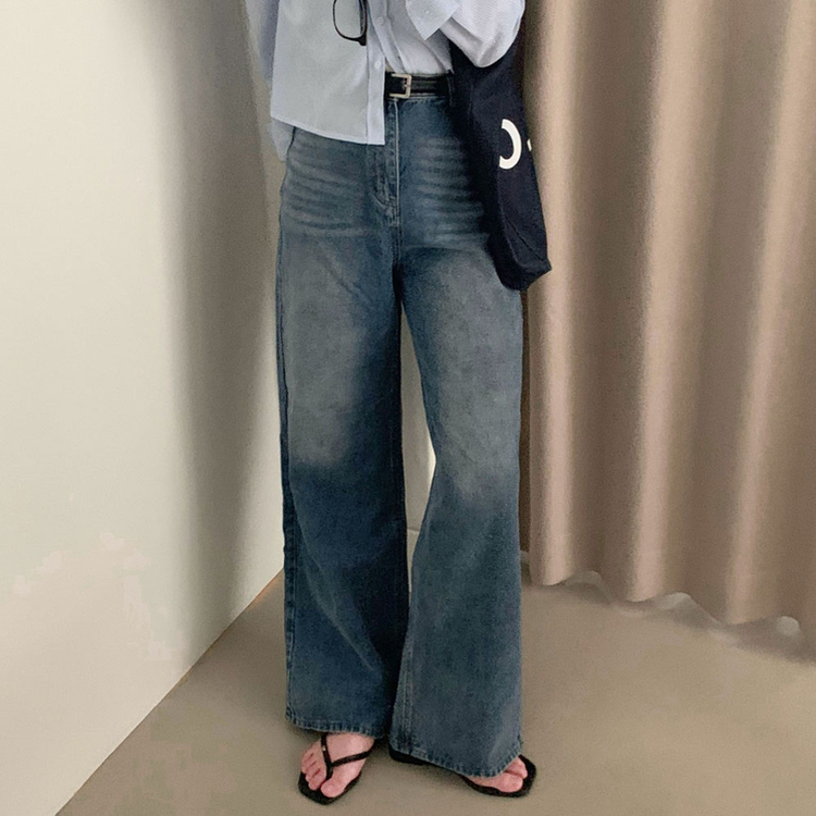 진정성 있는 데님캣워싱 중청 하이웨이스트 롱 와이드 데님팬츠 중청