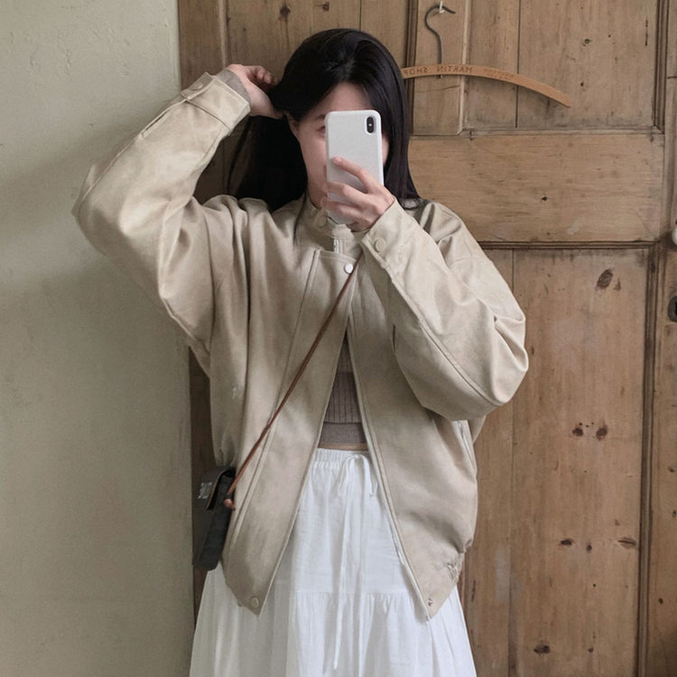 나염워싱 컬러깡패무광 고퀄 나염 블루종 오버핏 레더 자켓 점퍼 베이지