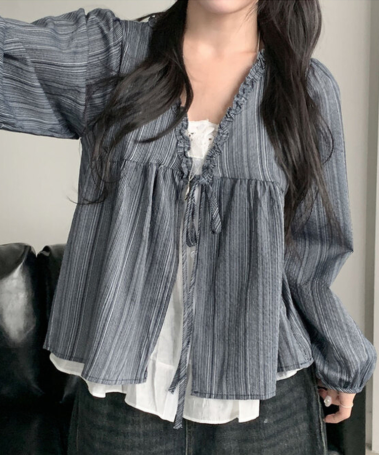 코이 세로 스트라이프 패턴 프릴 레이어드 일체형 긴팔 퍼프소매 블라우스 네이비