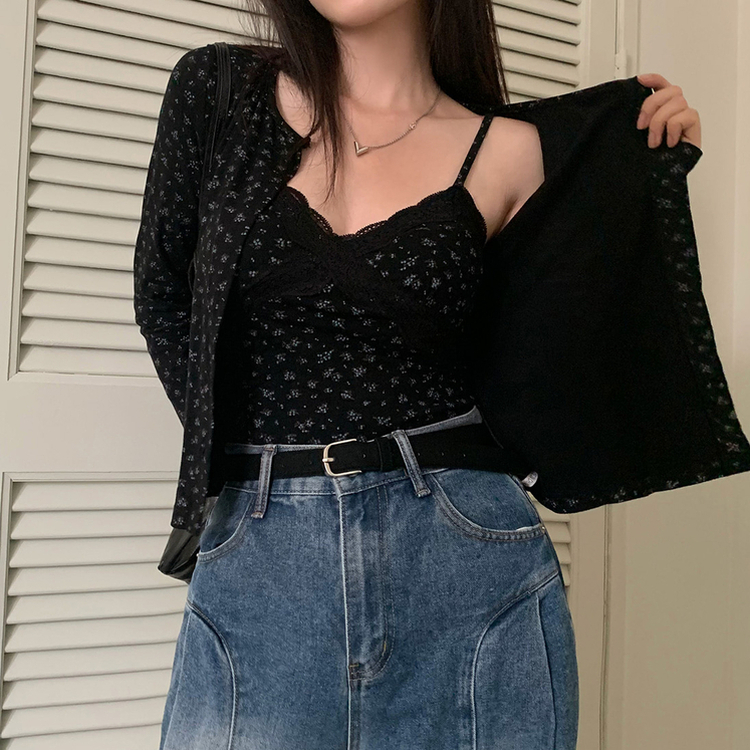 【SET】フラワーキャミソール カーディガン BLACK