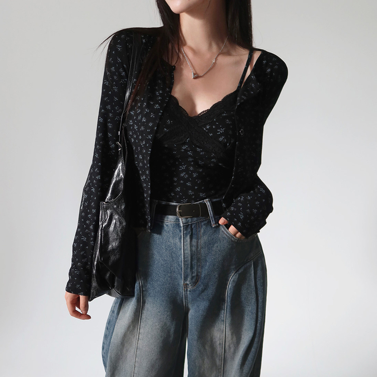 【SET】フラワーキャミソール カーディガン BLACK
