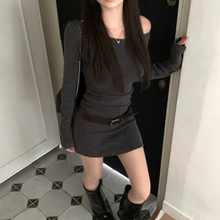 【ベルト付き】ワンショルダーニットワンピース CHARCOAL