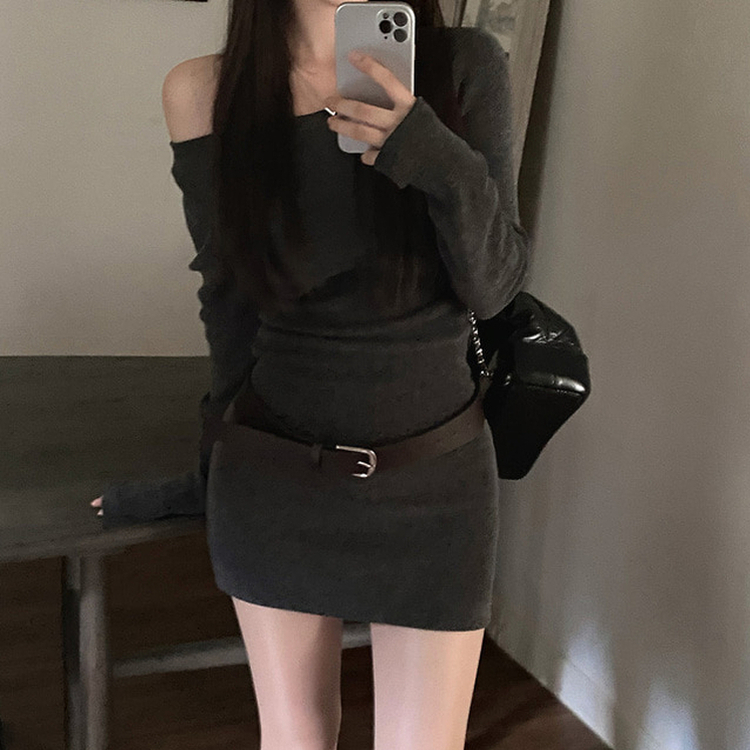 【ベルト付き】ワンショルダーニットワンピース CHARCOAL