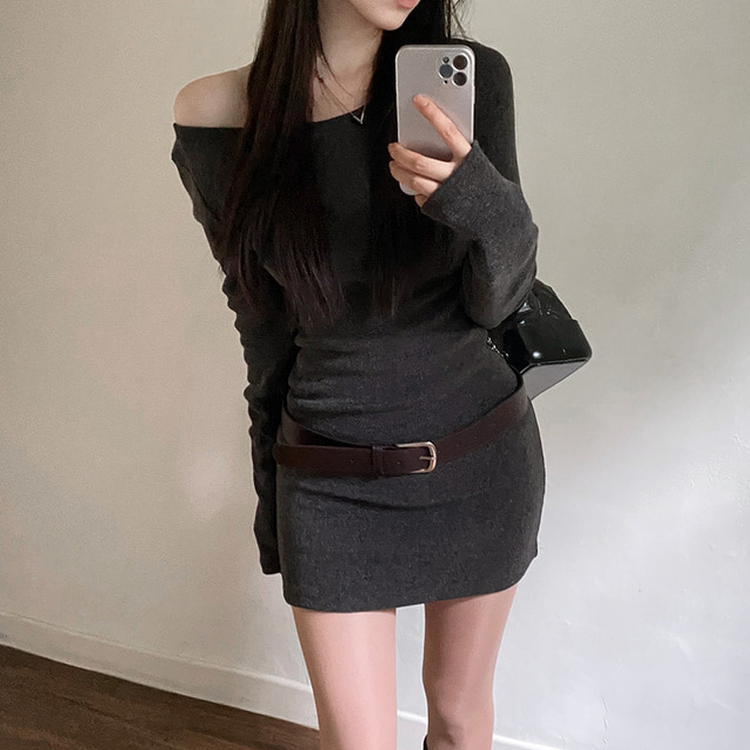 【ベルト付き】ワンショルダーニットワンピース CHARCOAL