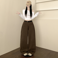 【丈別】スナップビジョサイドピンタックワイドパンツ BROWN