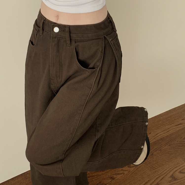 【丈別】スナップビジョサイドピンタックワイドパンツ BROWN