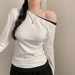 루아 스터드 찡 원숄더 오프숄더 레이어드 배색 긴팔 긴팔티  아이보리