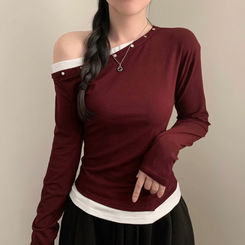 루아 스터드 찡 원숄더 오프숄더 레이어드 배색 긴팔 긴팔티  버건디