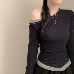 루아 스터드 찡 원숄더 오프숄더 레이어드 배색 긴팔 긴팔티  블랙