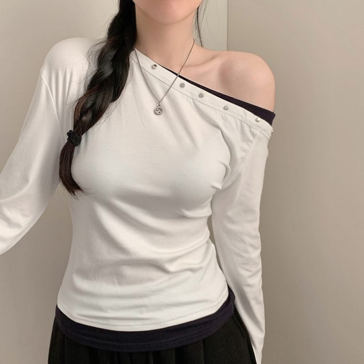 루아 스터드 찡 원숄더 오프숄더 레이어드 배색 긴팔 긴팔티  아이보리