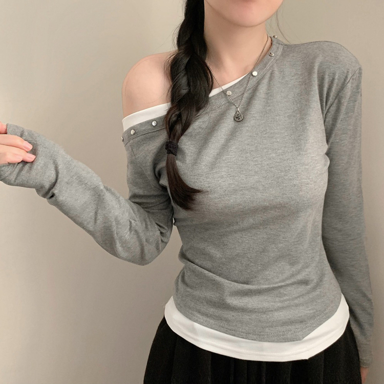 루아 스터드 찡 원숄더 오프숄더 레이어드 배색 긴팔 긴팔티  그레이