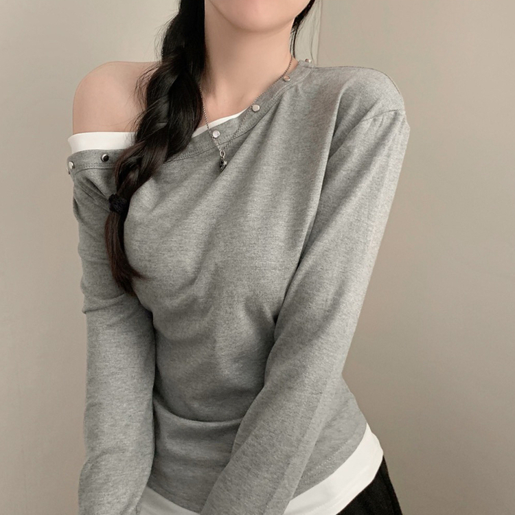 루아 스터드 찡 원숄더 오프숄더 레이어드 배색 긴팔 긴팔티  그레이