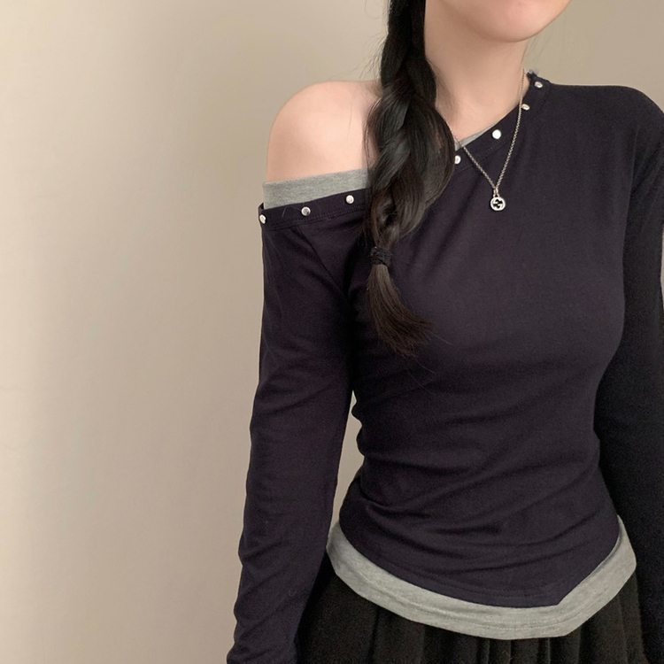 루아 스터드 찡 원숄더 오프숄더 레이어드 배색 긴팔 긴팔티  블랙