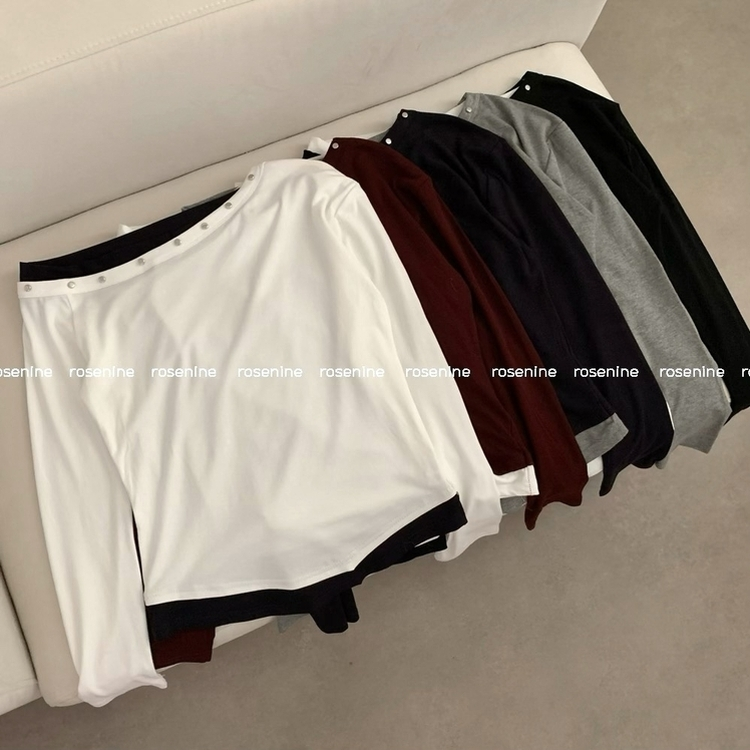 루아 스터드 찡 원숄더 오프숄더 레이어드 배색 긴팔 긴팔티