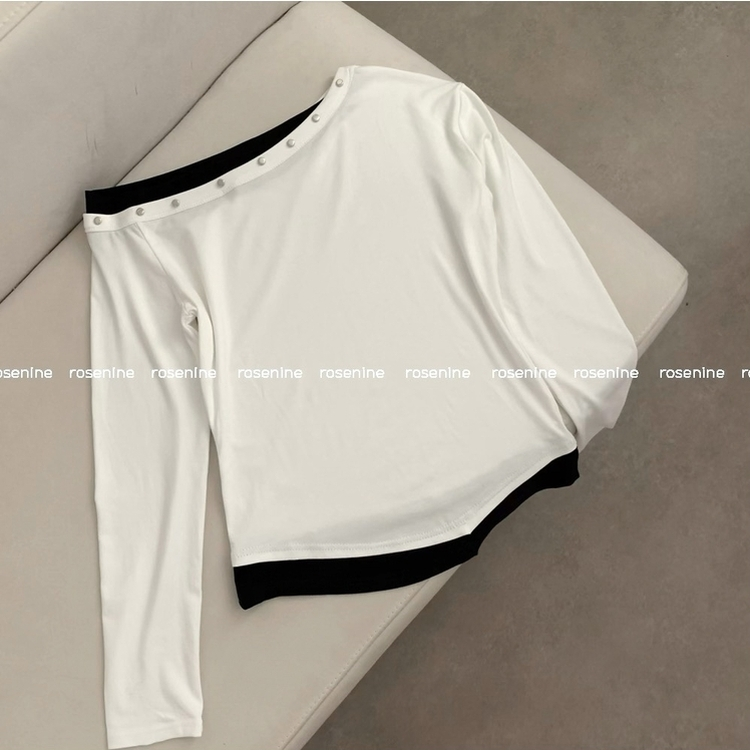 루아 스터드 찡 원숄더 오프숄더 레이어드 배색 긴팔 긴팔티